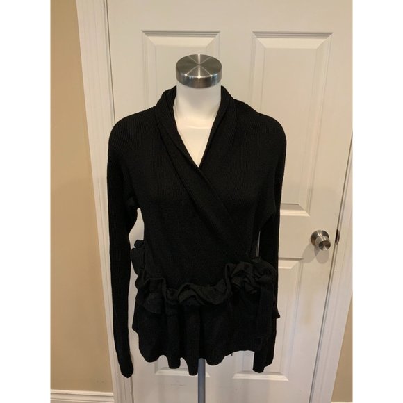Sonia Rykiel Black Wool Ruffle & Ribbed Wrap Cardigan, Size 12 (US), 44 (FR) - Picture 1 of 7
